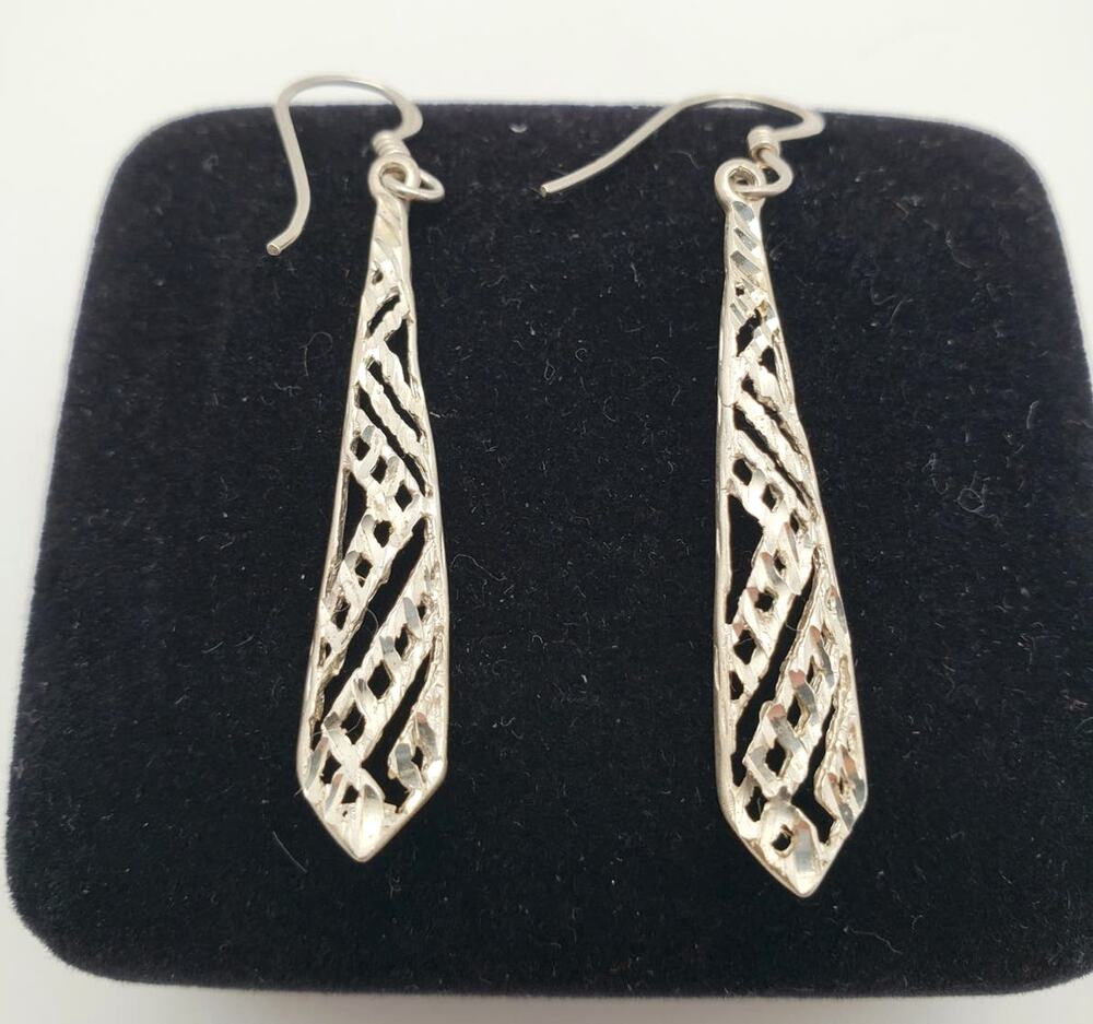 925 Sterling Silver 2" Drop Earrings Openwork Neck Tie Design 1.94g Latice